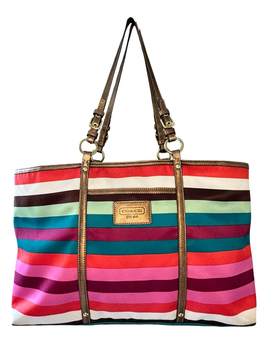 COACH Legacy Stripe Large Satin Tote Bronze Leather Trim Style 14010